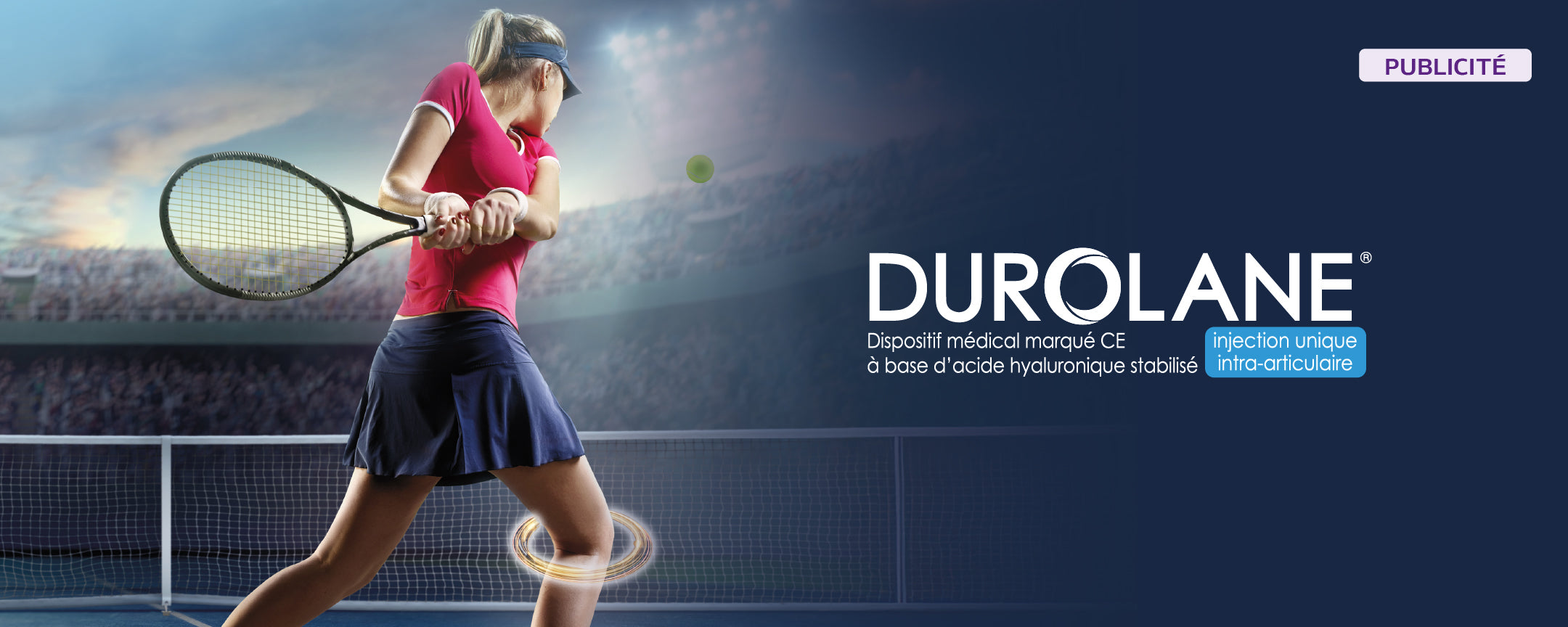 Visuel publicitaire Durolane montrant une joueuse de tennis avec une zone de mobilité au niveau du genou, mettant en avant l’injection unique intra-articulaire.