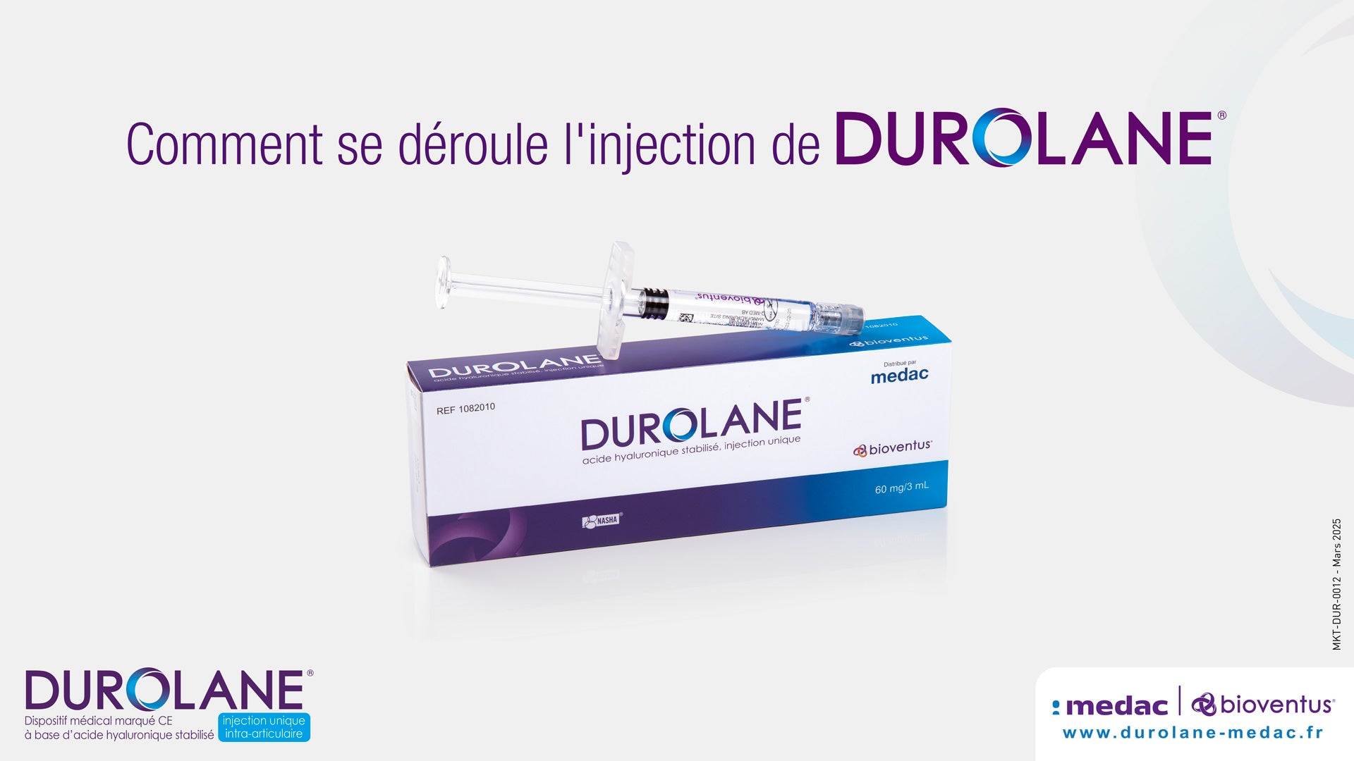 Image d’une boîte de Durolane et seringue prête à l’emploi, illustrant le processus d’injection unique intra-articulaire d’acide hyaluronique.