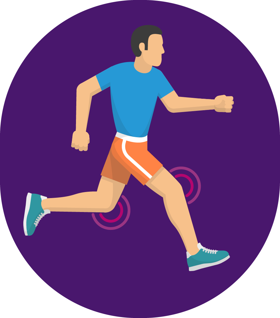 Illustration d’un homme en train de courir avec des douleurs aux genoux mises en évidence, représentant le besoin de traitement pour retrouver sa mobilité.