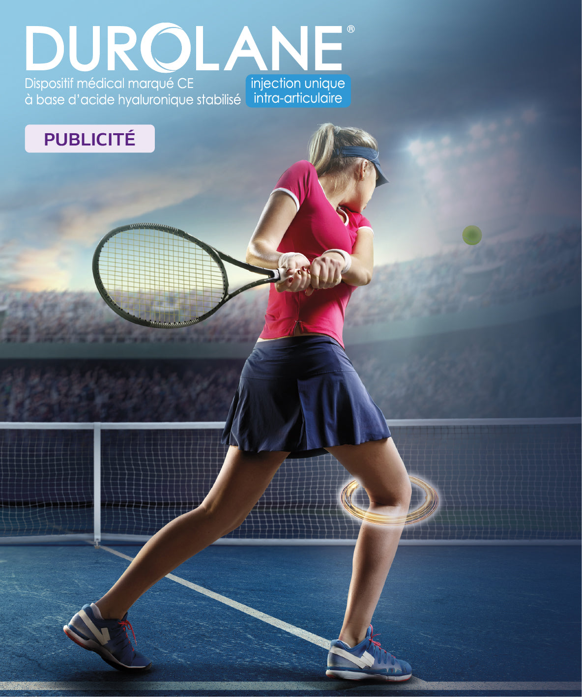 Publicité Durolane montrant une femme sportive jouant au tennis, avec mise en avant du genou pour illustrer l’efficacité de l’injection intra-articulaire.